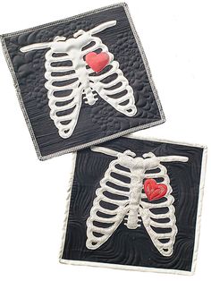 two pieces of quilted art depicting the skeleton and heart