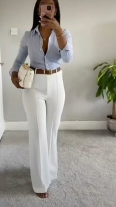 Modern Business Woman Work Outfits, Corporate Outfits For Women Summer, Leasing Office Outfits, Classy Look Women, White Suit Pants Outfit, Women Real Estate Outfits, White Heels Outfit Dressy, White Slacks Outfit Classy, Corporate Baddie Summer Outfits