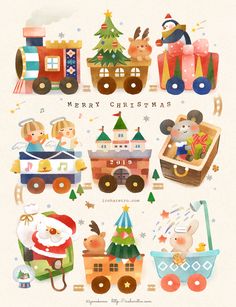 an illustrated christmas card with santa claus and other holiday items on the front, along with a train carrying children's toys