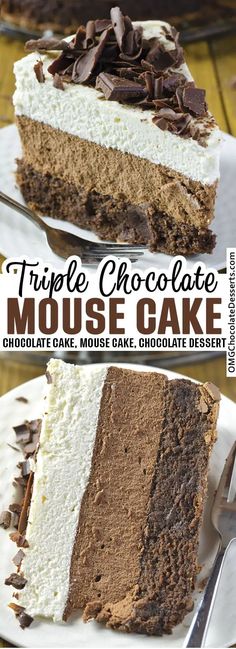 two slices of triple chocolate mouse cake on plates