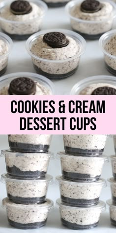 cookies and cream dessert cups with oreo cookies in the middle, stacked on top of each other