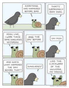 a comic strip with an image of a snail and a bird talking to each other