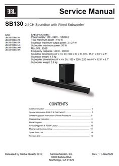 an instruction manual for the jbl s130 soundbar with wireless subwoofer