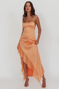 Katarina Satin Ruffle Hem Maxi Dress Mango Pink Dress Shoes, Orange Bridesmaid, Selfie Leslie, Brunch Dress, Shoes Model, Romantic Night, Satin Maxi, Date Night Dresses, Iron Material