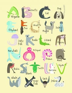 an illustrated poster with animals and letters on it's pink backgroung background