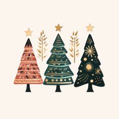 three christmas trees with gold stars on them