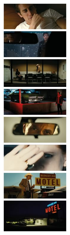 four different shots of people in motels, one with his hand up to his face