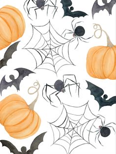 watercolor halloween pumpkins and bats on white paper with black spiderweavers