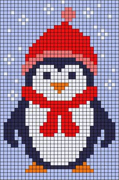 a cross stitch penguin with a red hat and scarf on it's head is standing in the snow