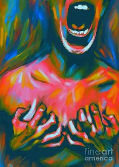 a painting of a man with his mouth open and hands on his chest, screaming