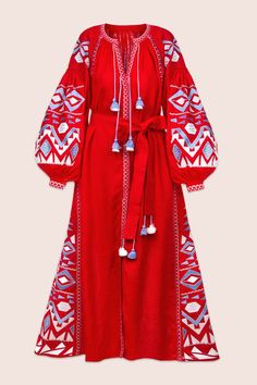 F00161441-205 Folk Style Red Long Sleeve Dress, Bohemian Red Dress With Geometric Embroidery, Red Bohemian Dress With Geometric Embroidery, Red Folk Style Dress For Spring, Summer Peasant Dress With Geometric Embroidery, Summer Peasant Embroidered Dress With Geometric Patterns, Red Long Sleeve Bohemian Maxi Dress, Red Folk Style Maxi Dress, Red Folk Tunic Dress