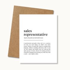 a card with the words sales representative in black and white, on top of a brown envelope