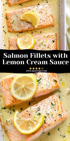 salmon fillets with lemon cream sauce in a baking pan and topped with sliced lemons