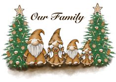 three gnomes sitting in front of a christmas tree with the words our family on it