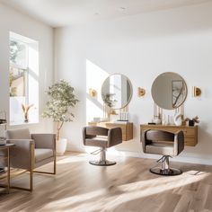 ✨ Salon vibes, radiating warmth. Boho Salon Station Ideas, Hair Salon Chairs, Hair Salon Equipment, Salon Lighting, Salon Styling Chairs, Home Hair Salons