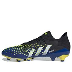 the adidas soccer shoe is shown in blue, yellow and white with black accents