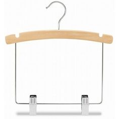 a wooden hanger with two clips attached to it