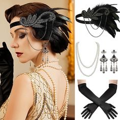 Look After Me:Washable; Gender:Women's; What's in the box:Gloves,Headwear,Earring,Neckwear; Types:Flapper Headband,Accessories Set; Holiday:Carnival,Masquerade; Style:Retro Vintage,Roaring 20s,1920s; Occasion:Party / Evening,Bachelorette Party; Material:Polyester; Age Group:Adults'; Characters:The Great Gatsby; Design:Tassel Fringe,Feather; Listing Date:07/05/2023 1920s Butler Costume, Flapper Accessories 20s Style, Harlem Nights Outfits, Great Gatsby Outfits, Great Gatsby Outfit, Gatsby Design, Great Gatsby Accessories, 1920s Vintage Dresses, Gatsby Party Outfit