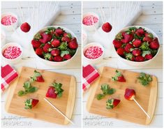 strawberries are being cut up and placed on a cutting board with toothpicks