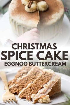 christmas spice cake eggnog buttercream on a white plate with a fork