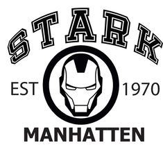 an iron man logo with the words star established in black and white, on a white background