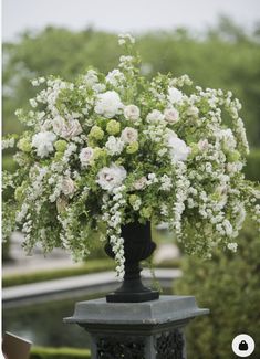 a vase filled with white and green flowers on top of a black stand next to bushes