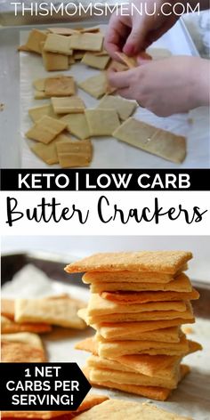 keto low carb butter crackers are stacked on top of each other and ready to be eaten