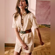 Bnwt Sezane Dress Ecru Beige Robe Almette Us 12 Fr 14 Sezane Dress, French Girl Style, Shades Of Beige, Fashion Capsule, Gathered Sleeves, French Brands, Effortless Chic, French Girl, French Fashion