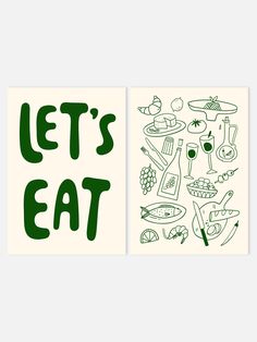 two posters that say let's eat and have different food items on the same page