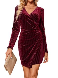 PRICES MAY VARY. 👛👛S=4-6, M=8-10，L=12-14，XL=16-18.Wanna feature at the cocktail party? You'd look Sexy AF in our long sleeve Velvet wrap high low dress! The new velvet material is soft and sparkly to wear, be out of the ordinary when wearing our deep v-neck semi formal velvet dress! 👛👛This little sexy ruched dress has it all. This homecoming velvet dress features a classic wrap neckline, breezy full-length sleeves with elastic cuffs, and a waist reduced with a side zip to snatch the middle ( Hoco Party, Club Mini Dress, Engagement Photo Dress, Trendy Christmas Outfits, Christmas Dress Women, Velvet Cocktail Dress, Eve Dresses, New Years Eve Dresses, Christmas Party Dress