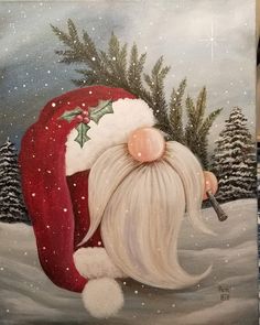 a painting of a santa claus with a pipe in his mouth and snow on the ground