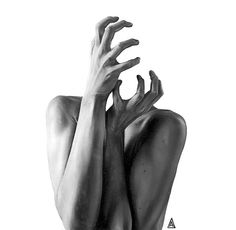 a black and white photo of a naked woman with her hands on her head in the air