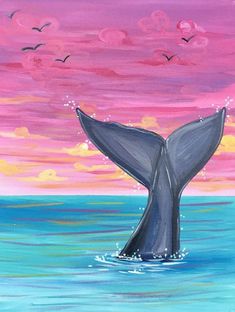 a painting of a humpback whale in the ocean with pink and blue clouds