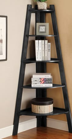 a corner shelf with books on it in a living room