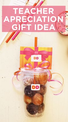 a teacher appreciation gift idea with donuts in a jar