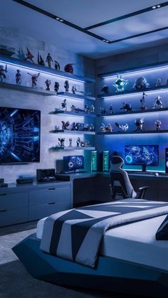 a bed room with a neatly made bed and shelves filled with action figures on the walls