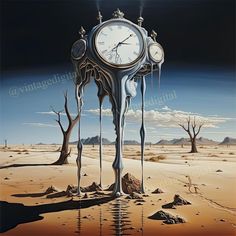 a painting of a clock in the middle of a desert with trees and water dripping from it