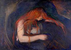 a painting of a woman with red hair hugging another woman's chest and arms