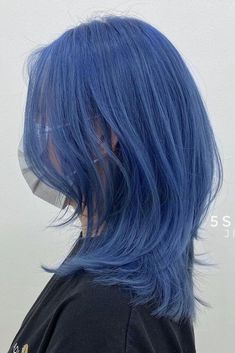 Colourful Hair Ideas Blue, Frosted Blue Hair, Light Colors To Dye Your Hair, Hair Blue Color Ideas, Smoky Blue Hair Color, Short Periwinkle Hair, Blue And Grey Hair Color, Good Colors To Dye Your Hair, Soft Blue Hair Color