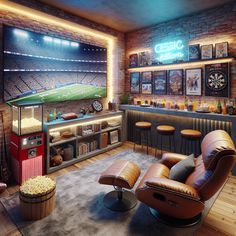 Immerse in this cozy man cave with a brick wall-mounted TV, a comfy leather recliner, and an inviting mini bar. Enjoy games of billiards, darts, or delve into a vast collection of movies, games, books, and vintage sports items. #mancave #homedecor #entertainmentroom #gameroom #vintagecollection #sportsmemorabilia Sports Bar In House, Vintage Sports Basement, Garage To Game Room, Man Cave And Office Combo, Comfy Game Room, Small Room Man Cave, Man Cave Sports Room, Sports Room Man Cave, Small Man Cave Ideas