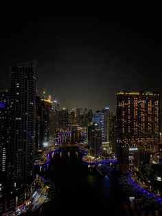 an aerial view of the city at night