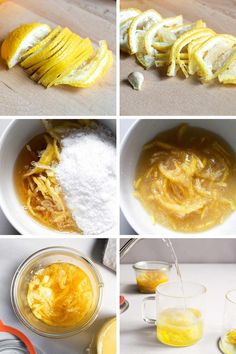 four pictures showing how to make lemon custard cake