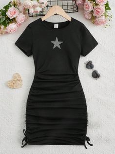 Black Casual Collar Short Sleeve Knitted Fabric Geometric Fitted Embellished Slight Stretch  Tween Girls Clothing Birthday Dress For School, Cute Dresses For 11-12, Cute Outfits For 10 Yo, Cute Outfits For 9yrs, Cute Clothes For Kids 11-12, Clothes For 10-12, Clothes 11-12, Cute Clothes For Ten Year Olds, Dresses For 11 Year Girl