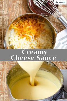 creamy cheese sauce being poured into a pot with shredded cheese on top and in the bottom