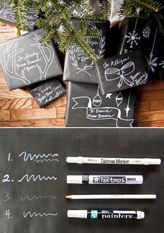 some writing on the back of a blackboard next to three markers and a christmas tree