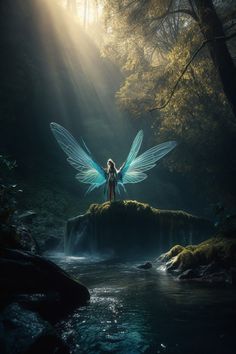 a fairy standing on top of a rock next to a river in the forest with wings outstretched