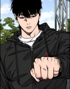 an anime character with black hair pointing his finger at the camera