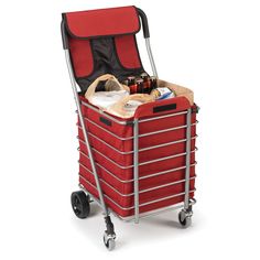 a red shopping cart filled with lots of items