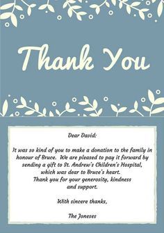 a blue and white thank card with the words,'thank you'on it