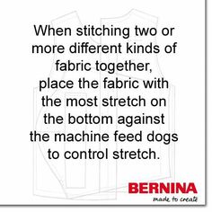 the back side of a sewing pattern with text that reads, when stitching two or more different kinds of fabric together, place the fabric